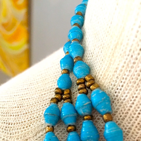 TENG YUE 80’s Newspaper Bead Turquoise & Gold Vintage Necklace - Picture 2 of 10